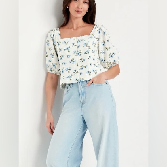 Old Navy Linen Blend Blue and cream Floral Puff Sleeve Blouse XL Tall - Picture 2 of 14